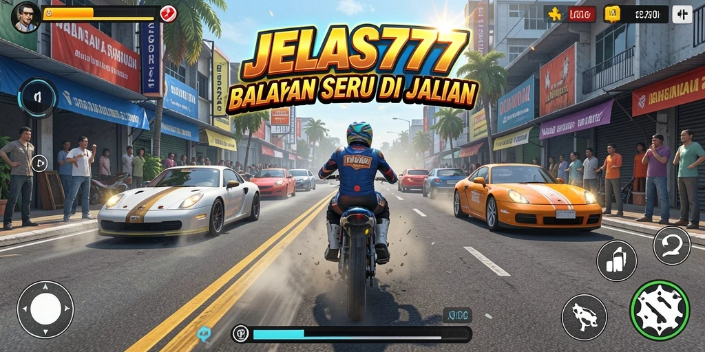 Tangkapan layar gameplay JELAS777 menunjukkan balapan yang mendebarkan.