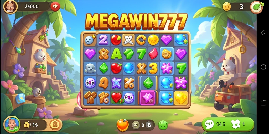 Screenshot MEGAWIN777 menampilkan gameplay dan tantangan menarik Match-3.