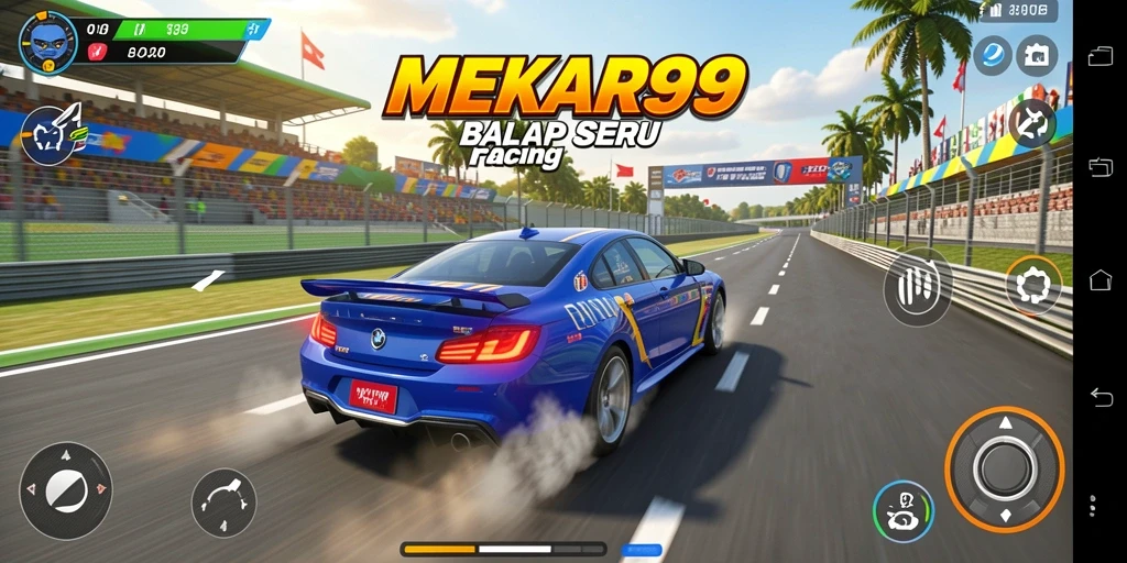 Tangkapan layar MEKAR99 menampilkan aksi balap yang mendebarkan.