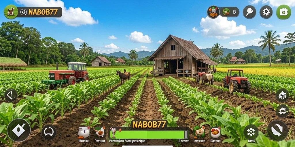 Tampilan gameplay NABOB77 dengan aktivitas bertani.