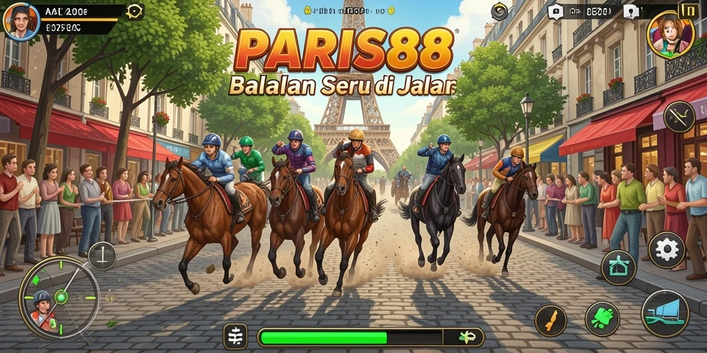 Tampilan utama gameplay PARIS88 menampilkan mobil balap dengan latar belakang kota Paris.