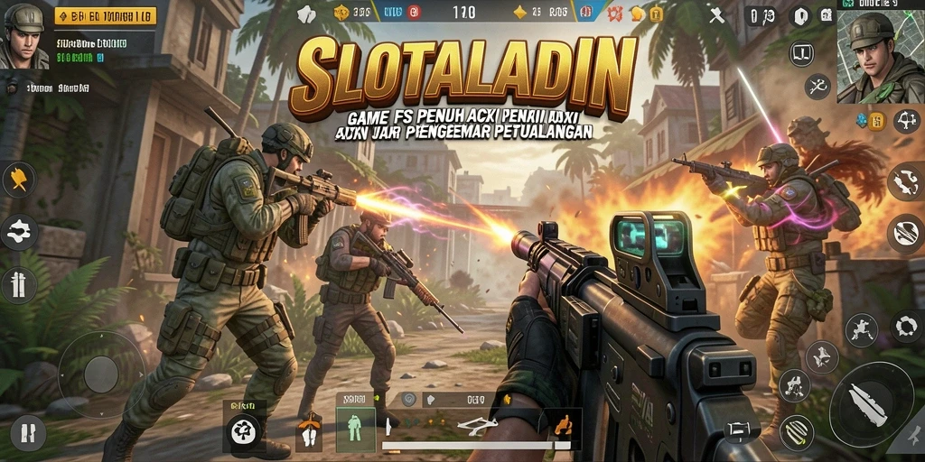 Tampilan seru gameplay SLOTALADIN dalam aksi tembak-menembak.