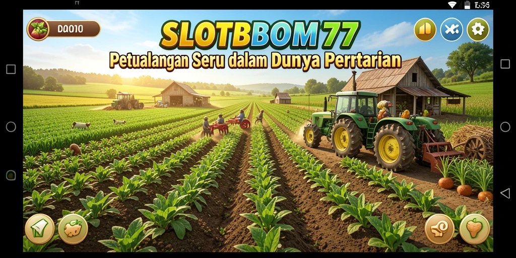 Tampilan gameplay menarik dalam SLOTBOM77 yang menunjukkan ladang pertanian.